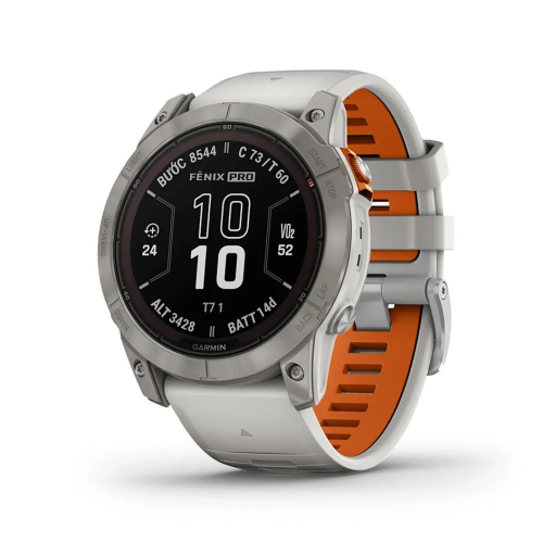 Garmin Fenix 7X Pro Sapphire Solar Edition | Titanium with Fog Gray/Ember Orange Band (Chính Hãng)