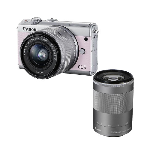 Máy ảnh Canon EOS M100 + Lens EF-M 15-45mm f/3.5-6.3 + Lens EF-M 55-200mm f/4.5-6.3 | Pink (Chính hãng)
