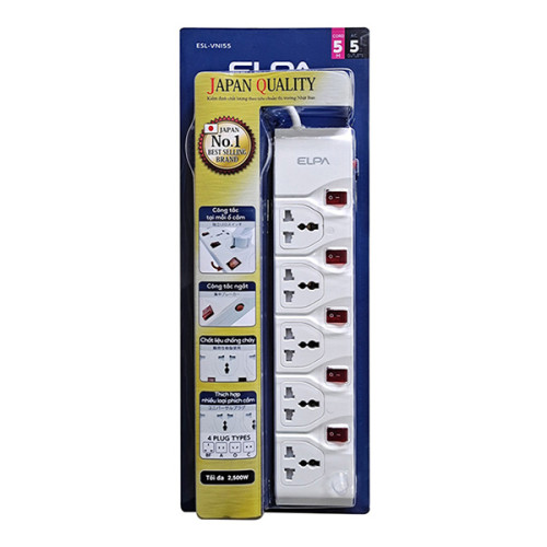 Ổ cắm ELPA ESL-VNI55 5 ổ điện, 5 công tắc, 5m (Chính Hãng)