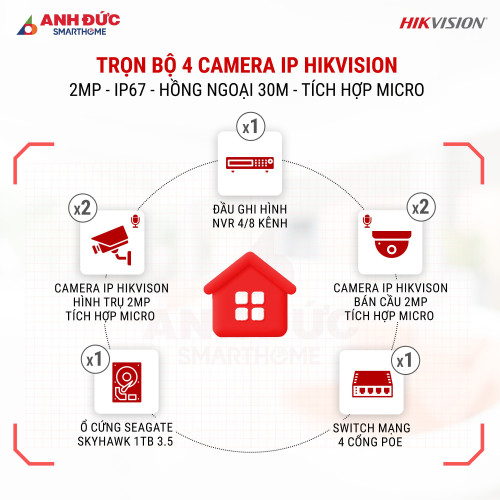 Trọn Bộ 4 Camera IP Hikvision 2MP - IP67 - Hồng ngoại 30M - Tích hợp Micro