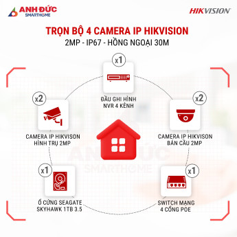 Trọn Bộ 4 Camera IP Hikvision 2MP - IP67 - Hồng ngoại 30M