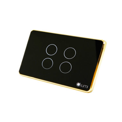 Công tắc 4 nút (2 chế độ) Lumi chữ nhật dọc kính phẳng viền bo cong vàng LM-S4B-Fy/CG/DD | Black