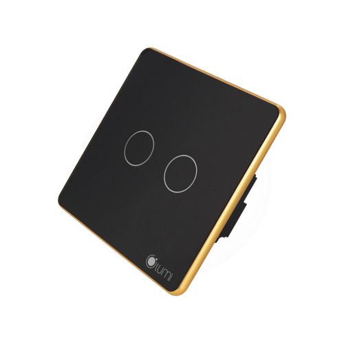 Công tắc 2 nút (2 chế độ) Lumi chữ nhật dọc kính phẳng viền bo cong vàng LM-S2B-Fy/CG/DD | Black