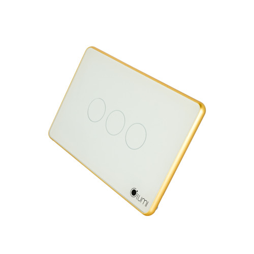 Công tắc công suất cao 3 nút (2 chế độ) Lumi chữ nhật ngang kính phẳng viền bo cong vàng LM-S3HB-Fy/CG/NT | White