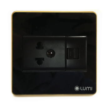 Ổ cắm 1 hạt đơn 3 chấu + 1 hạt mạng Lumi vuông kính phẳng viền thẳng champagne LM-SK2i/VD | Black