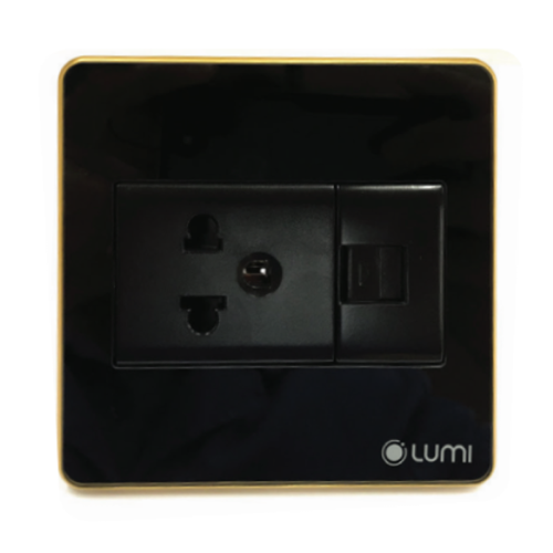 Ổ cắm 1 hạt đơn 3 chấu + 1 hạt mạng Lumi vuông kính phẳng viền thẳng champagne LM-SK2i/VD | Black