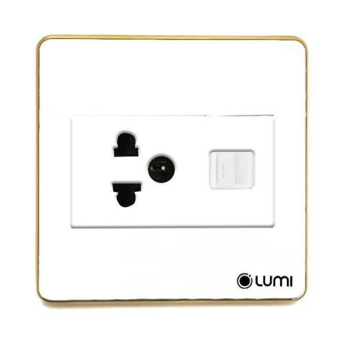Ổ cắm 1 hạt đơn 3 chấu + 1 hạt mạng Lumi vuông kính phẳng viền thẳng champagne LM-SK2i/VT | White