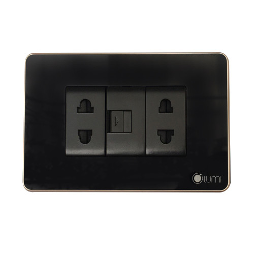 Ổ cắm 2 hạt ổ cắm đơn 2 chấu + 1 hạt mạng Lumi vuông kính phẳng viền thẳng champagne LM-SK11i/VD | Black