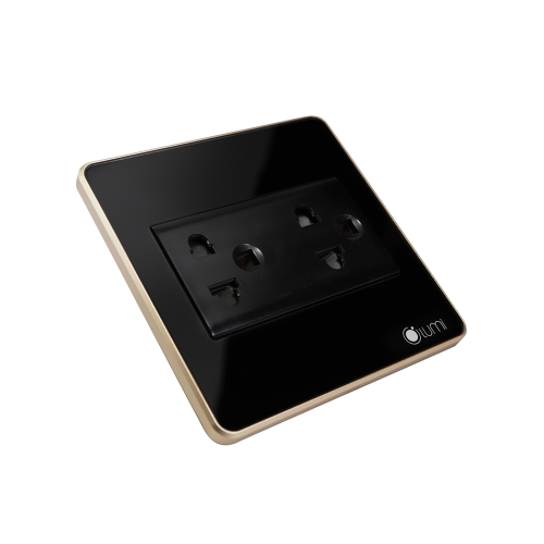 Ổ cắm đôi 3 chấu Lumi chữ nhật ngang kính phẳng viền bo cong champagne LM-SK3/CC/ND | Black